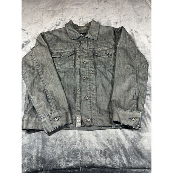 LRG Drugstore Cowboy Mens L Denim Jean‎ Trucker Jacket Dark Blue Y2K - Picture 1 of 11